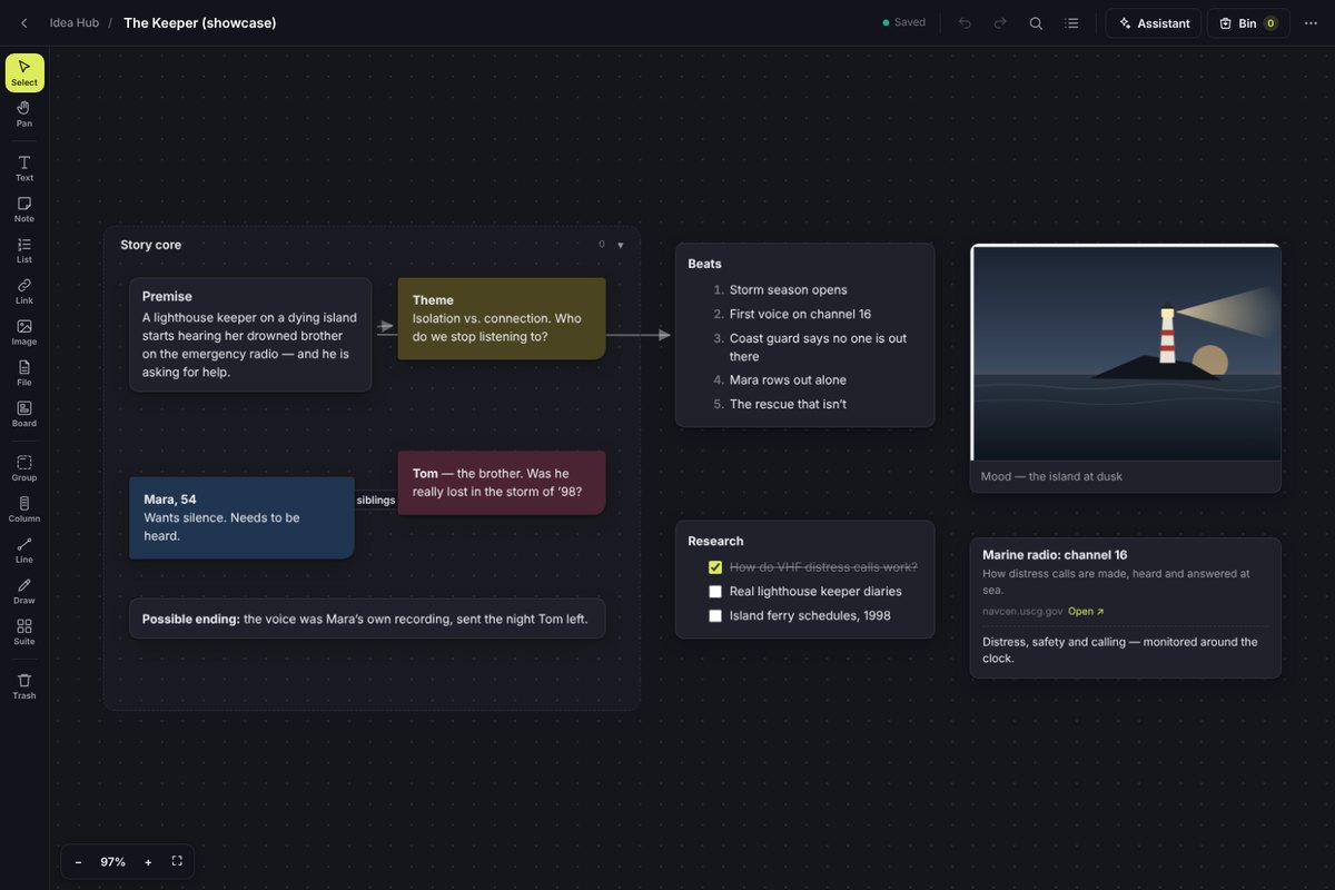 Idea Hub — a visual story board with notes, beats, research and images
